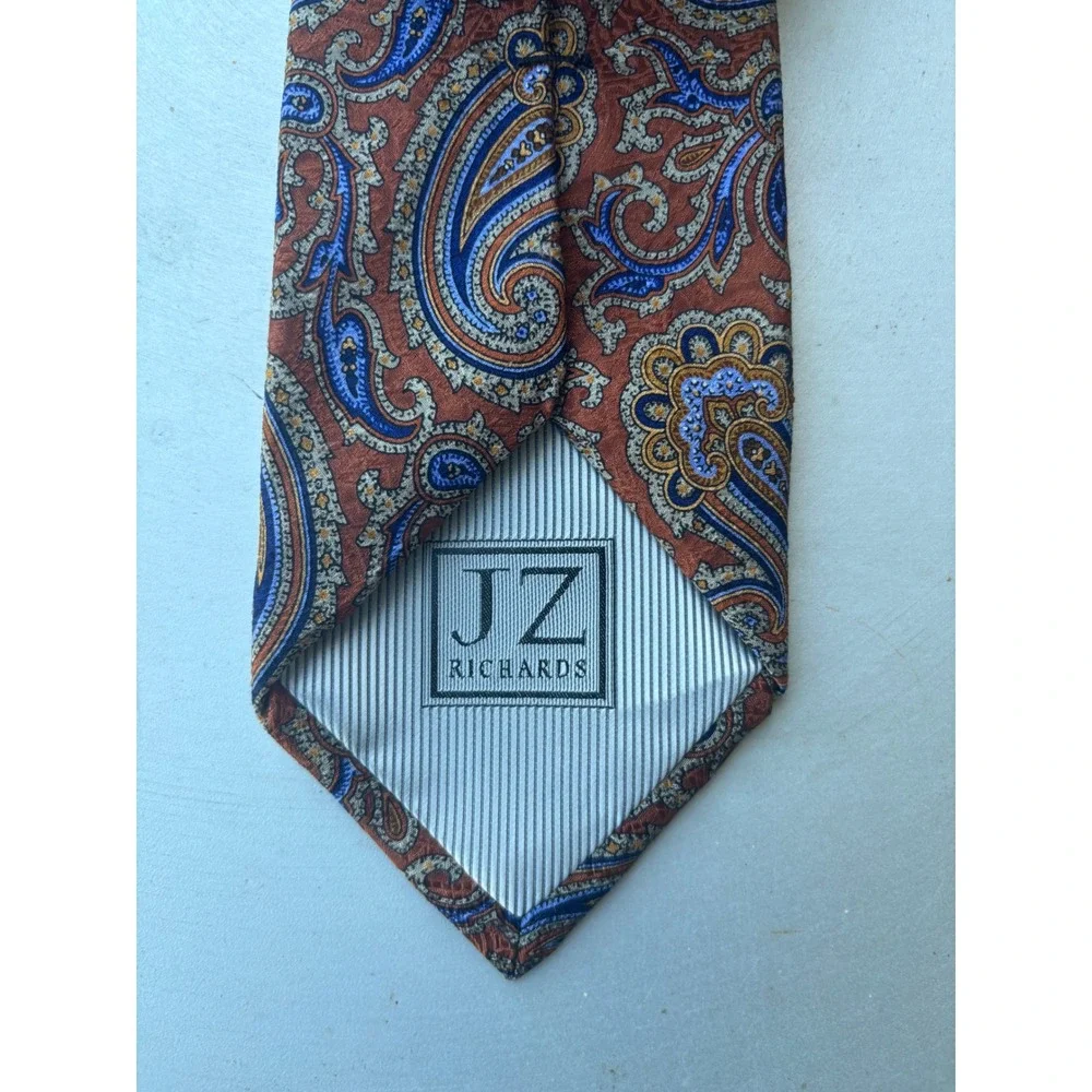 JZ Richards Mens Silk Paisley Necktie Burnt Orange Blue Hand Made‎ in USA